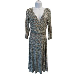 Boden 3/4 Sleeve Midi Faux Wrap Teal Geometric Print Dress UK 12 (US 8) EUC